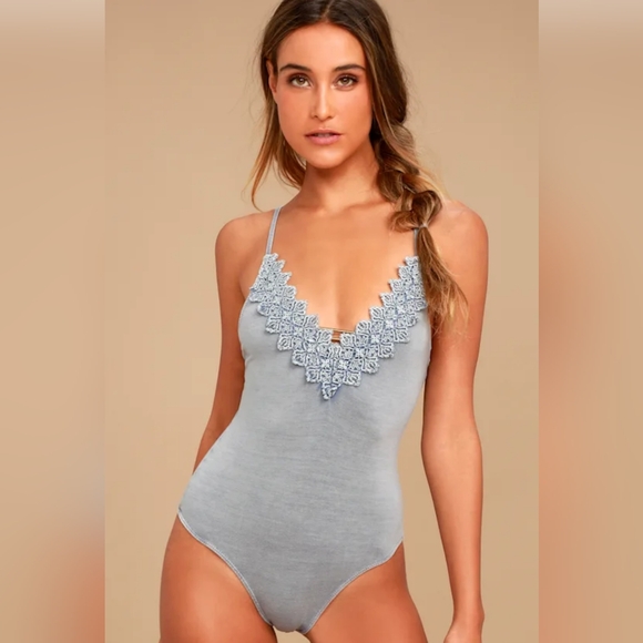 Free People Gia Grey Lace Bodysuit Size Medium - Picture 1 of 8